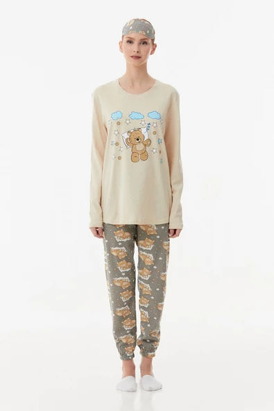 Ayıcık Baskılı Bisiklet Yaka Pijama Takımı