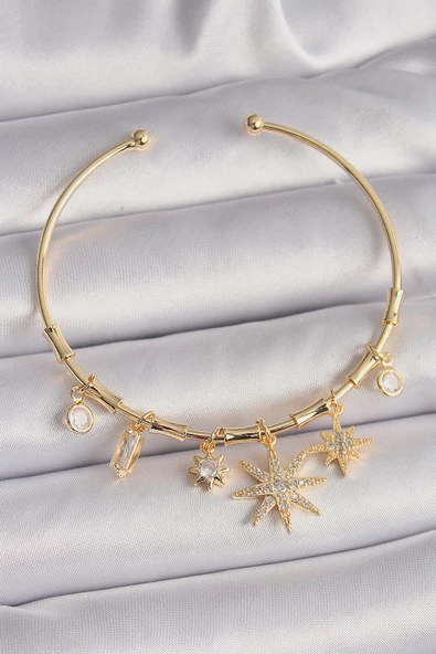 Pirinç Gold Renk Sallantı Zirkon Taşlı Kutup Yıldız Figür Charm Bileklik - TJ-BB6548
