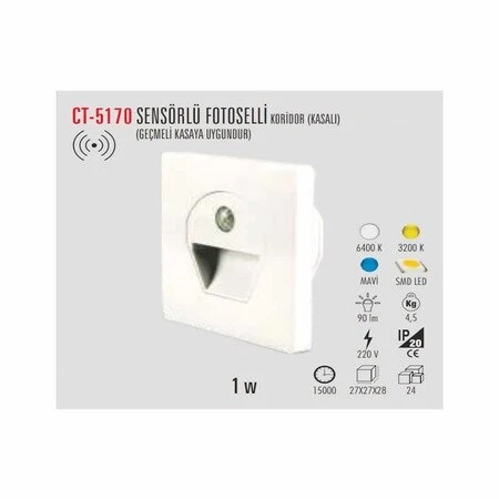 Cata Ct-5170 Sensörlü Kordidor Fotoselli Armatür 1W Günışığı N11.4448 - 2