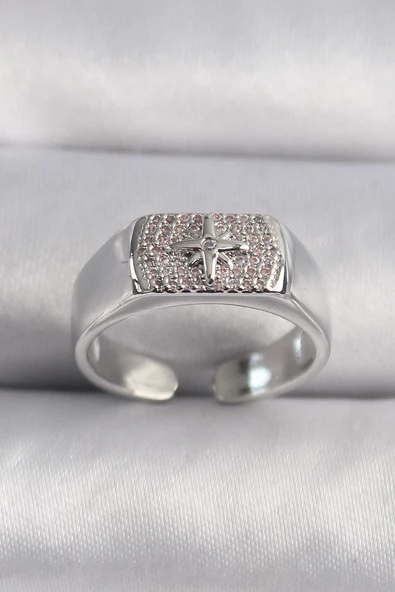 MuI MuI Pirinç Gümüş Renk Zirkon Taşlı Kutup Yıldız İşleme Kadın Yüzük