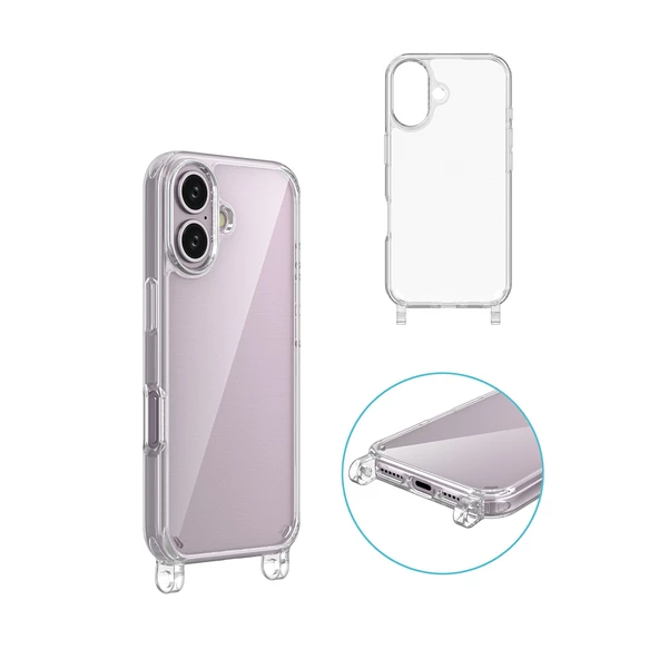 iPhone 16 Plus Kılıf Kamera Çıkıntılı Airbag Tasarım Askılı Şeffaf Silikon - 4