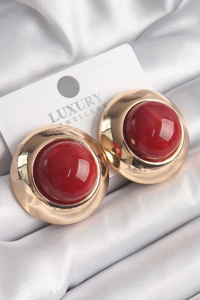 MuI MuI Pirinç Gold Renk Kırmızı Doğal Taşlı Daire Vintage Kadın Küpe ürün görseli 1