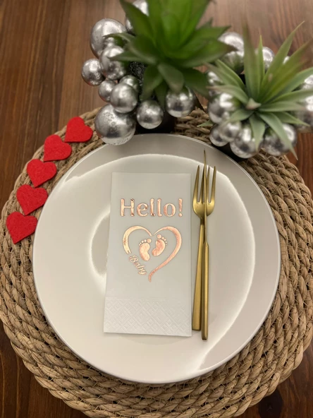 Rose Gold Yaldızlı Beyaz hello Baby Ayaklı Peçete 16 Adet