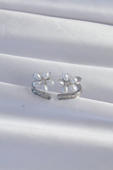 Pirinç Gümüş Renk Zirkon Taşlı Kıvrımlı İnci Çiçek Küpe - TJ-BKP9276 - 2