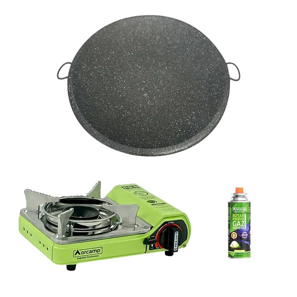 Orcamp Tekli Mini Portatif Ocak Yeşil+1 Adet Kartuş KTS 227+Granit Sac Katmer ORC-015-A1