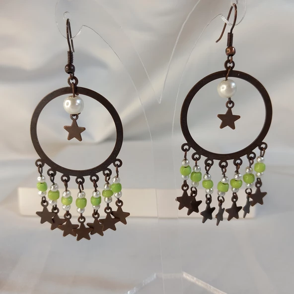 Fıstık Yeşili Yıldız Sallantılı Kum Boncuklu Kahverengi Halka Küpe - 4