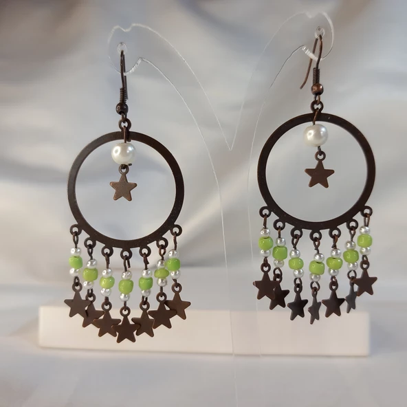 Fıstık Yeşili Yıldız Sallantılı Kum Boncuklu Kahverengi Halka Küpe