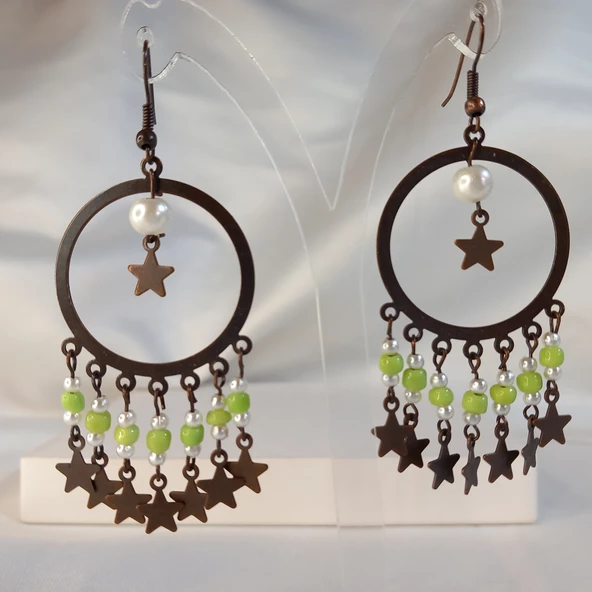 Fıstık Yeşili Yıldız Sallantılı Kum Boncuklu Kahverengi Halka Küpe - 3