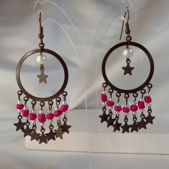 Koyu Pembe Yıldız Sallantılı Kum Boncuklu Kahverengi Halka Küpe - 4