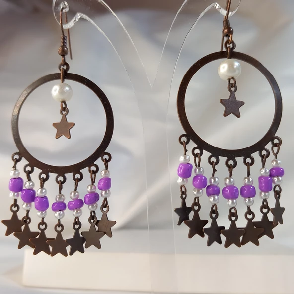 Mor Yıldız Sallantılı Kum Boncuklu Kahverengi Halka Küpe - 4