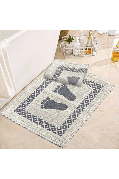 Soffy Krem & Gri 2 Adet 50x70 cm Banyo Paspası %100 Doğal Pamuk Ayak Paspası Ayak Havlusu