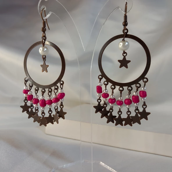 Koyu Pembe Yıldız Sallantılı Kum Boncuklu Kahverengi Halka Küpe - 6