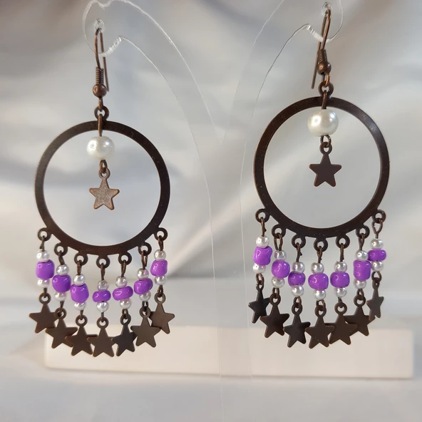 Mor Yıldız Sallantılı Kum Boncuklu Kahverengi Halka Küpe - 3