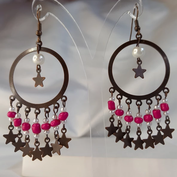 Koyu Pembe Yıldız Sallantılı Kum Boncuklu Kahverengi Halka Küpe - 7