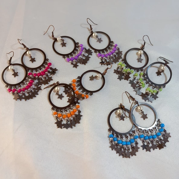 Mor Yıldız Sallantılı Kum Boncuklu Kahverengi Halka Küpe - 5