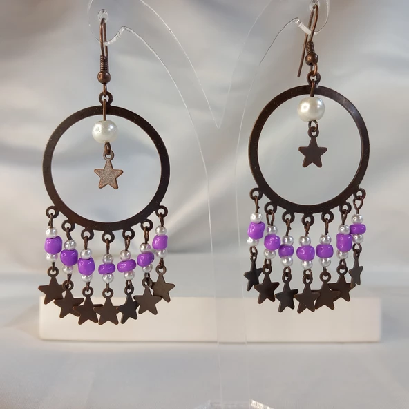 Mor Yıldız Sallantılı Kum Boncuklu Kahverengi Halka Küpe