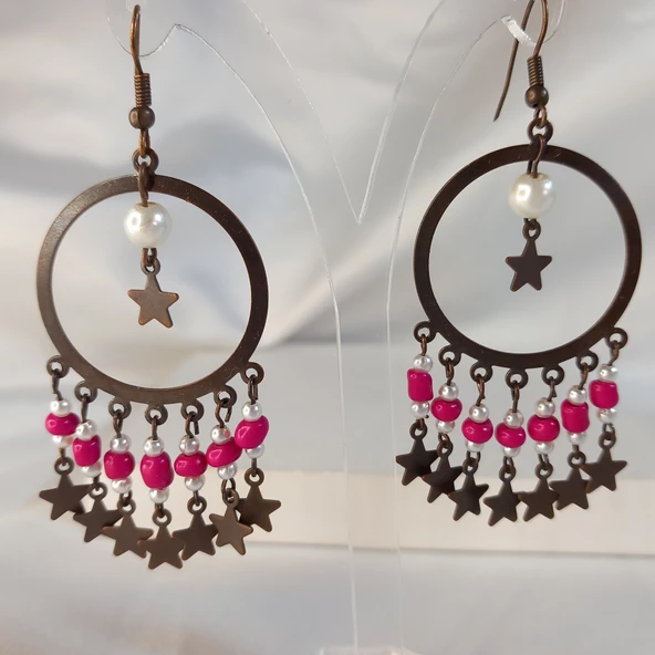 Koyu Pembe Yıldız Sallantılı Kum Boncuklu Kahverengi Halka Küpe - 3