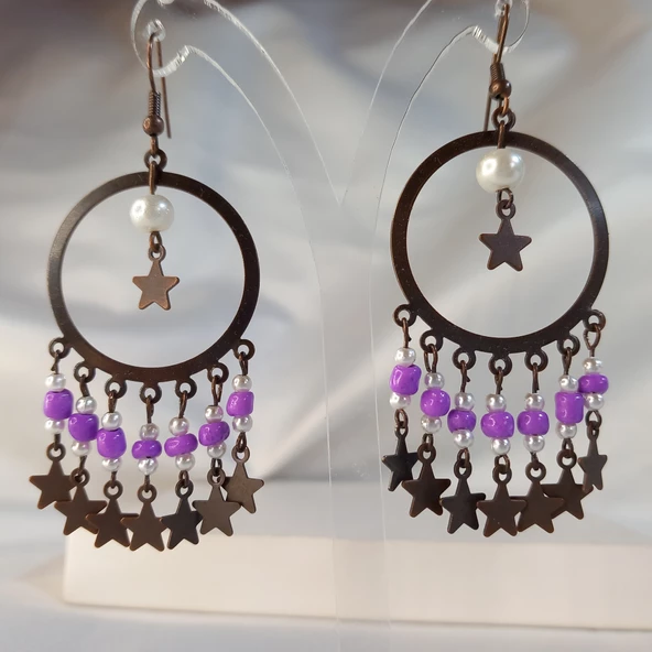 Mor Yıldız Sallantılı Kum Boncuklu Kahverengi Halka Küpe - 2