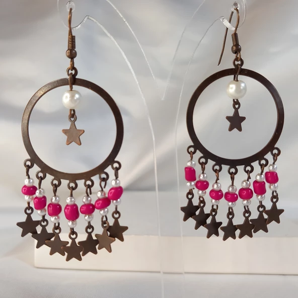 Koyu Pembe Yıldız Sallantılı Kum Boncuklu Kahverengi Halka Küpe - 2