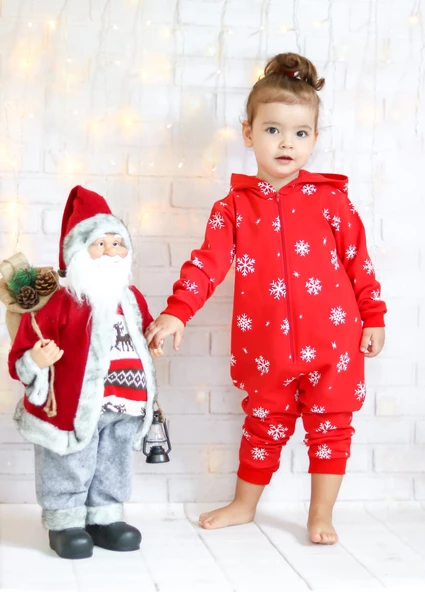 MODAVALS KIZ ÇOCUK & ERKEK ÇOCUK 3 İP ŞARDONLU GEYİK NAKIŞLI YILBAŞI TEMALI BEBEK TULUM-KIRMIZI - 6