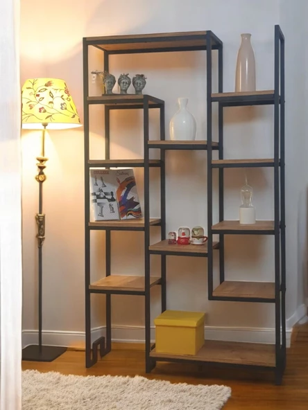 DEKORATİF ÇAM RENGİ AHŞAP RAFLI METAL KİTAPLIK ÇOK AMAÇLI STAND SALON VE ÇALIŞMA ODASI 12 RAFLI ÜNİTE MATKAPSIZ KOLAY KURULUM - 2