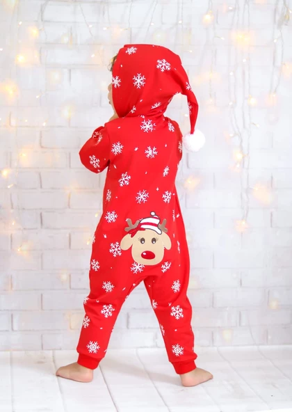 MODAVALS KIZ ÇOCUK & ERKEK ÇOCUK 3 İP ŞARDONLU GEYİK NAKIŞLI YILBAŞI TEMALI BEBEK TULUM-KIRMIZI - 8