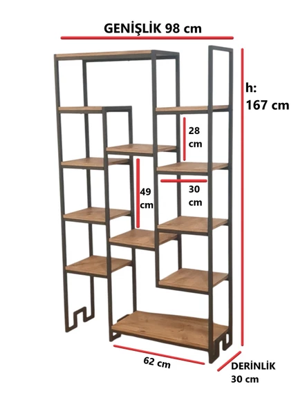 DEKORATİF ÇAM RENGİ AHŞAP RAFLI METAL KİTAPLIK ÇOK AMAÇLI STAND SALON VE ÇALIŞMA ODASI 12 RAFLI ÜNİTE MATKAPSIZ KOLAY KURULUM - 5