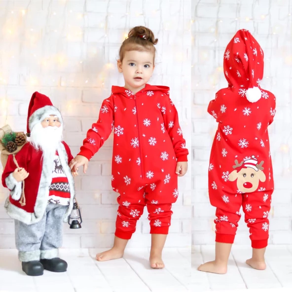 MODAVALS KIZ ÇOCUK & ERKEK ÇOCUK 3 İP ŞARDONLU GEYİK NAKIŞLI YILBAŞI TEMALI BEBEK TULUM-KIRMIZI