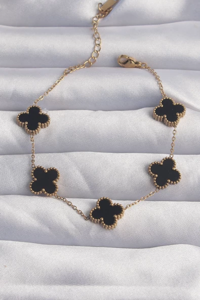 316L Çelik Gold Renk Siyah Mineli Yonca Bileklik - TJ-BB6258 - 1