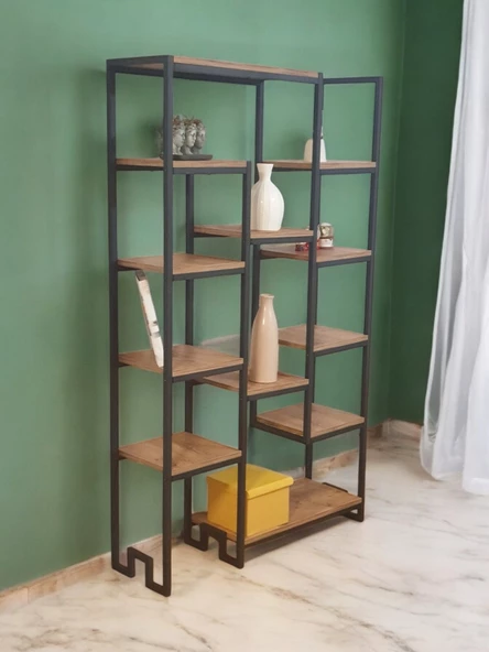 DEKORATİF ÇAM RENGİ AHŞAP RAFLI METAL KİTAPLIK ÇOK AMAÇLI STAND SALON VE ÇALIŞMA ODASI 12 RAFLI ÜNİTE MATKAPSIZ KOLAY KURULUM - 8