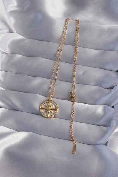 316L Çelik Zincir Gold Renk Zirkon Taşlı Kutup Yıldızı Kolye - TJ-BKO9013 - 2