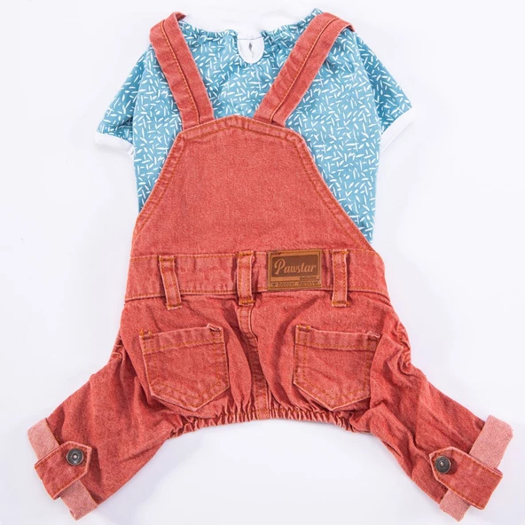 PawStar Kırmızı 2'li Denim Salopet Küçük ve Orta Irk Tulum - 3