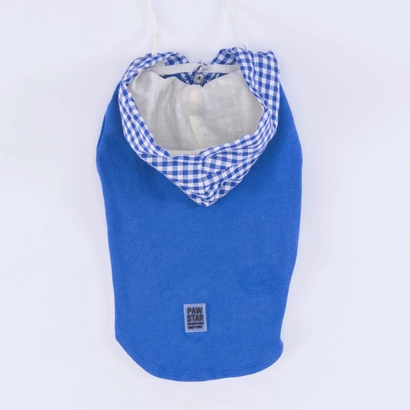 PawStar Mavi Gingham Kapşonlu Polo T-Shirt - Resim 4