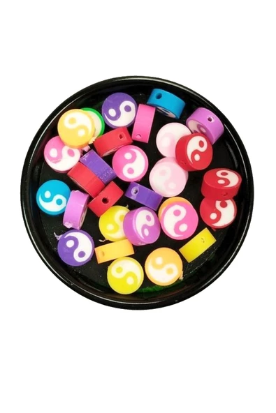 90 Adet 10 mm Polimer Kil Fimo Boncuk Takı Bileklik + 5 Metre Lastikli Misina Hediye - Renkli Yin Yang - 3