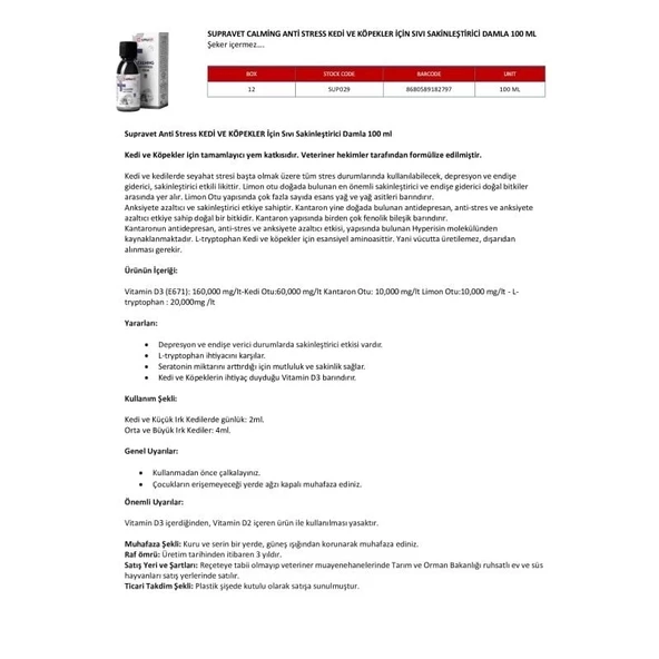 Supravet Calming Anti Stress Kedi ve Köpekler için Sıvı Sakinleştirici Damla 100 Ml - 2
