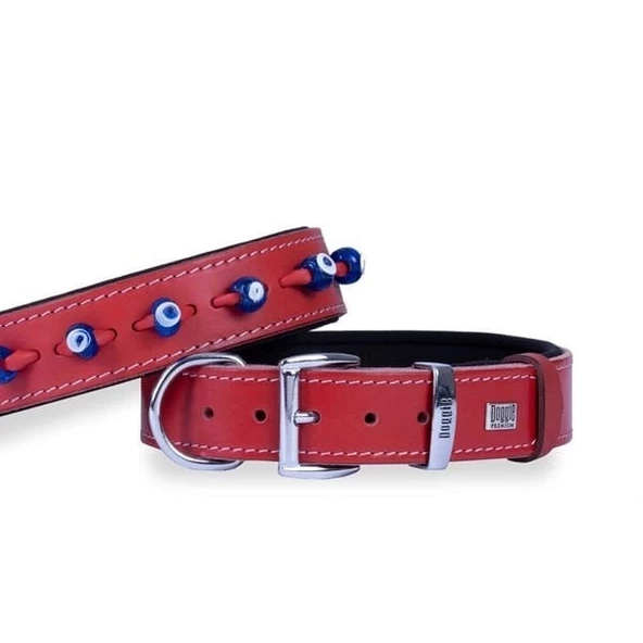 Doggie Comfort Deri Nazar Boncuklu Köpek Boyun Tasması Large Kırmızı 3.5x52-60 Cm - 1