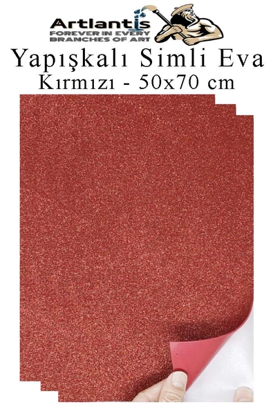 Kırmızı Yapışkanlı Simli Eva 50x70 cm 3 Adet Simli Yapışkanlı Eva Süngeri Okul Kreş Anasınıfı Elişi Etkinlikleri Hobi