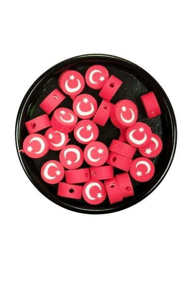 30 Adet 10 mm Polimer Kil Fimo Boncuk Takı Bileklik + 1 Metre Lastikli Misina Hediye - Türk Bayrağı - 3