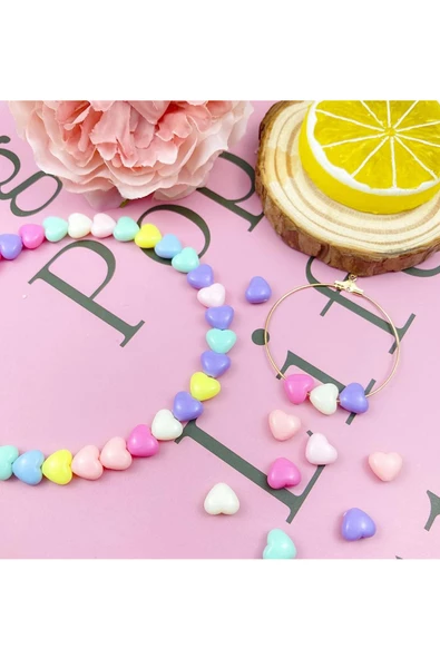 100 gr (500 adet) Şeker Rengi Akrilik Kalp Boncuklar Renkli Karışık Plastik Pastel Boncuklar Ara Boncuk Kalp Şekilli Kolye Bilezik için - 2