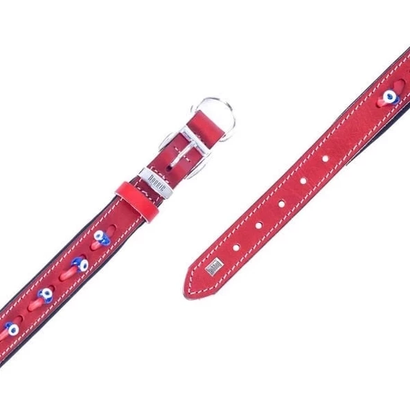 Doggie Comfort Deri Nazar Boncuklu Köpek Boyun Tasması Medium Kırmızı 2x35-40 Cm - 4