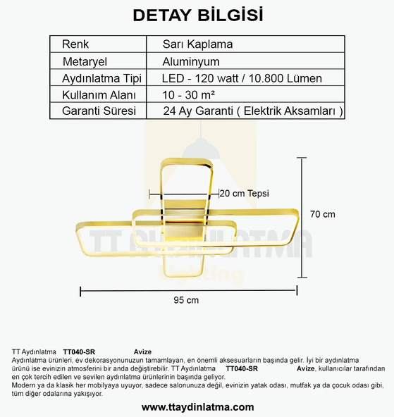 TT Aydınlatma TT040-SR  Sarı Kaplama Plofonyer Led Avize - 4