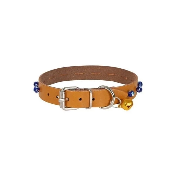 Cattie Boncuklu Deri Küçük Irk Köpek ve Kedi Boyun Tasması Xlarge Camel 1.5x26-30 Cm - 2