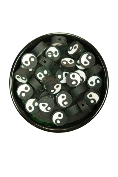 30 Adet 10 mm Polimer Kil Fimo Boncuk Takı Bileklik + 1 Metre Lastikli Misina Hediye - Yin Yang - Resim 3