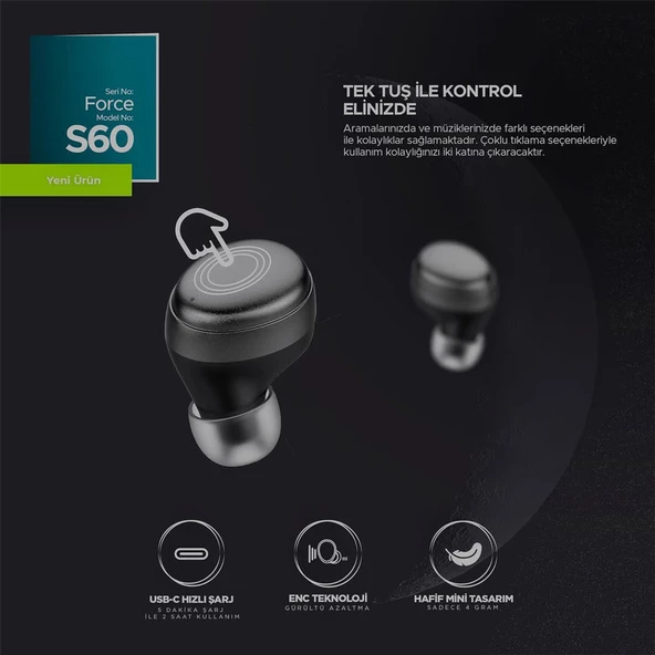 Siyah Force S60 Earpods Tws Bluetooth Kulaklık ENC Gürültü Önleyici - 4
