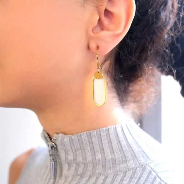 BZ Altın Kaplama Sedef Taşlı Sallantılı Küpe UNK-570 - 2