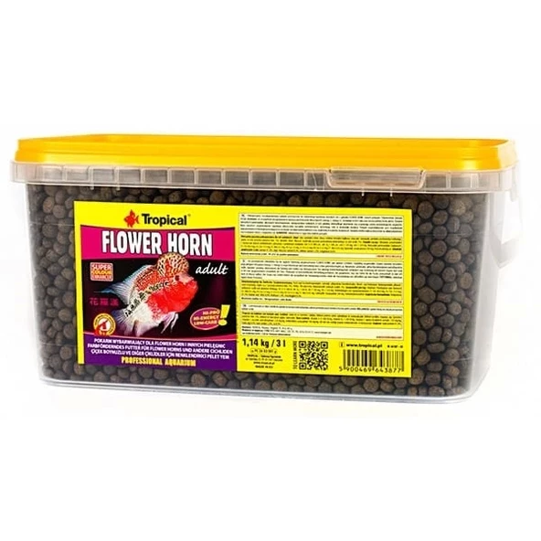 Tropical Flower Horn Adult Çiçek Boynuzlu ve Diğer Cichlid için Renklendirici Pellet Balık Yemi 3 Lt 1.14 Kg