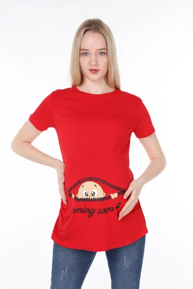 IŞŞIL 4473-Fermuardan Bakan Bebek Viskon Hamile Kısa Kol T-Shirt