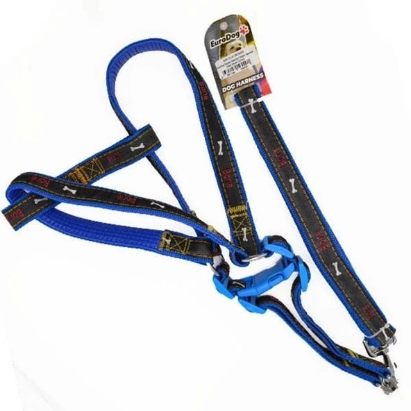 Euro Dog Köpek Uzatma Tasması ve Göğüs Tasması Takımı Mavi/Siyah 25 Mm 120 Cm