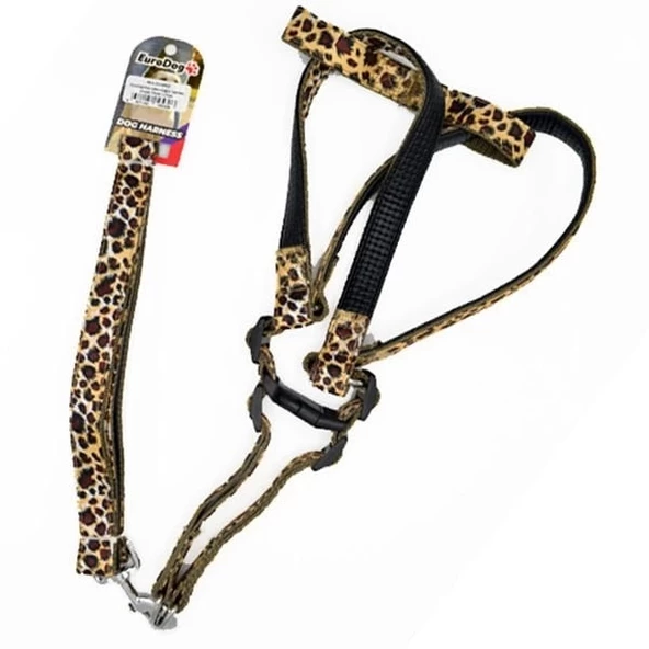 Euro Dog Köpek Uzatma Tasması ve Göğüs Tasması Takımı Leopar 25 Mm 120 Cm