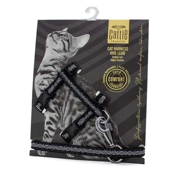 Cattie Desenli Kedi Göğüs ve Gezdirme Tasma Aparatı Siyah 1x25-40 Cm